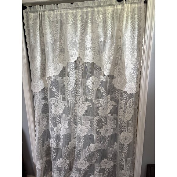 Lace Curtain Panel with Attached Valance 64" W x 92" L Cream Floral Pattern Poly - Picture 1 of 7